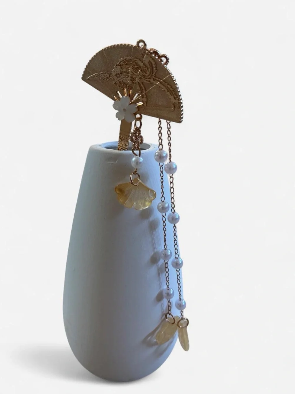 Elegant Gold Fan with Pearl Seashell Floral Tassels Hair Pin -Hair Accessory